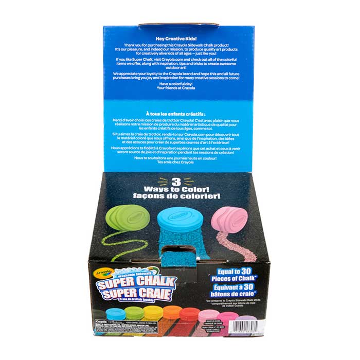 Washable Sidewalk Super Chalk, 10 count. Top angled view, packaging only.