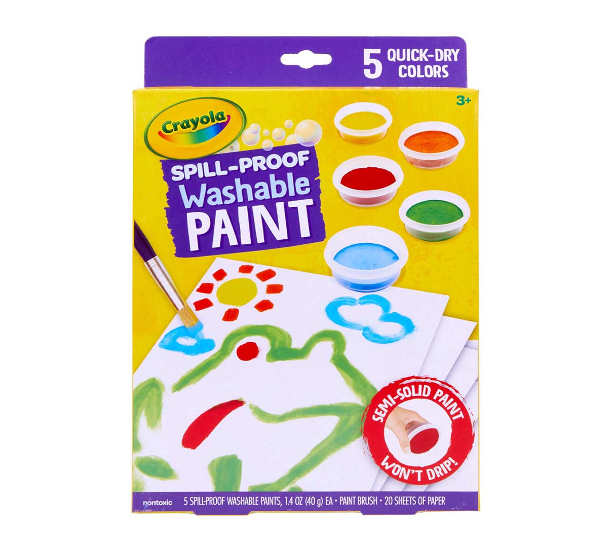 Spill Proof Washable Paints. 5 quick dry colors.  Front of Box