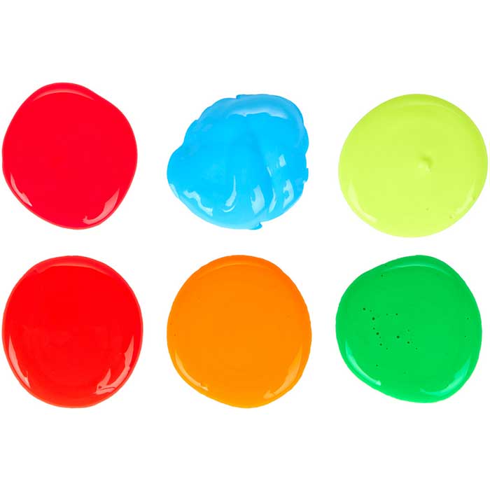 Fluorescent Tempera Paint, 6 Count 16 Ounce Bottles. Color swatches.