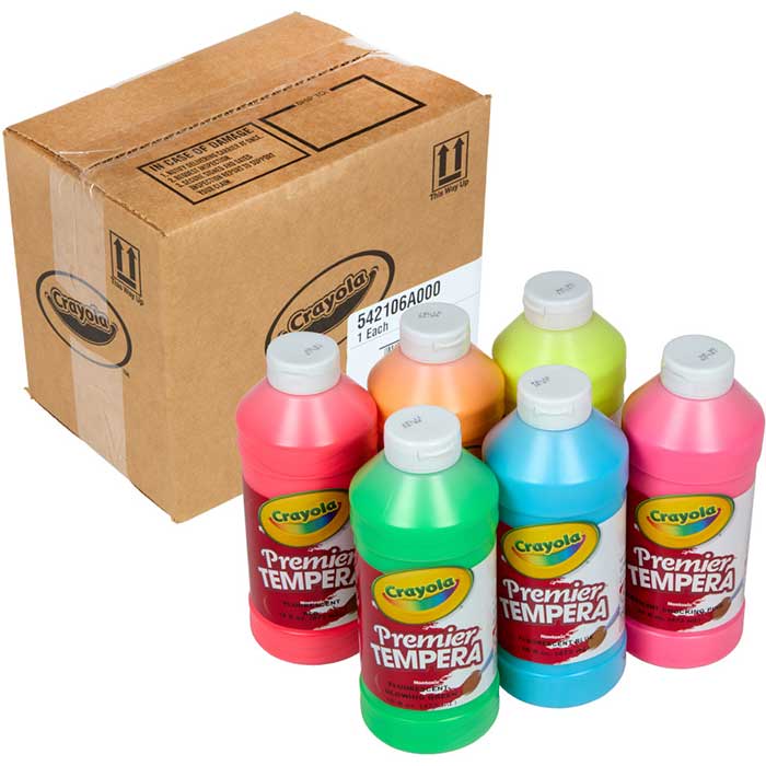 Fluorescent Tempera Paint, 6 Count 16 Ounce Bottles. Contents and Packaging.