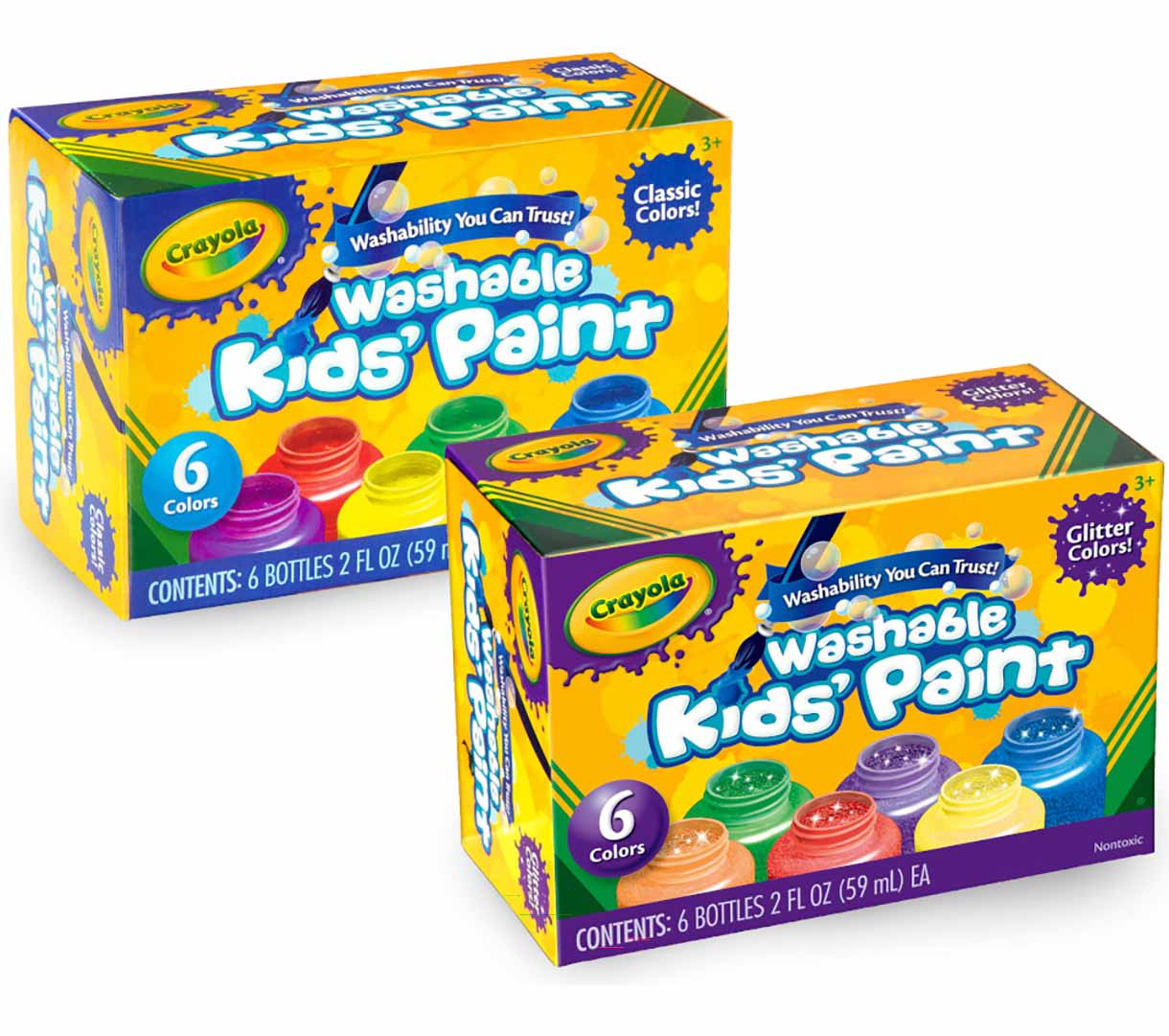 Washable Kids Paint  12 count. Individual classic colors and glitter paint packaging.