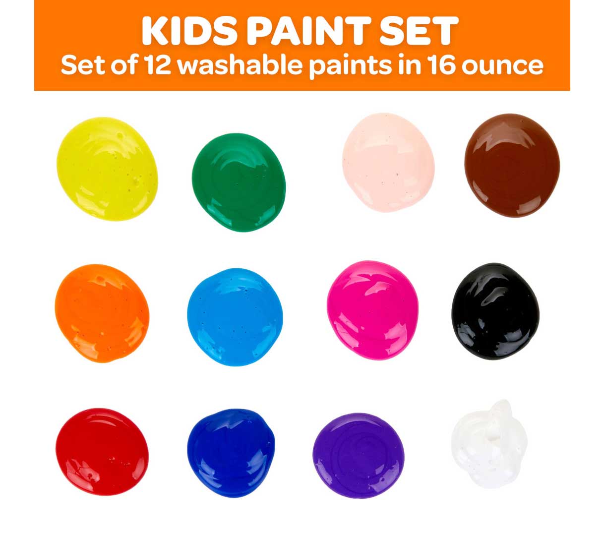 Washable Paint 12 count  16 ounce bottles. Kids paint set. set of 12 washable paints in 16 ounce. Paint swatches.