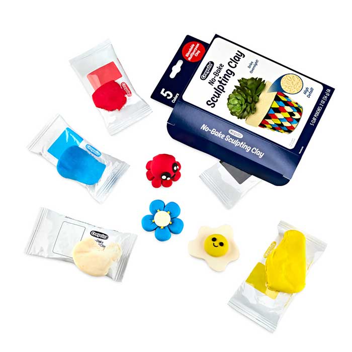 No Bake Sculpting Clay packaging, contents, and small creations.