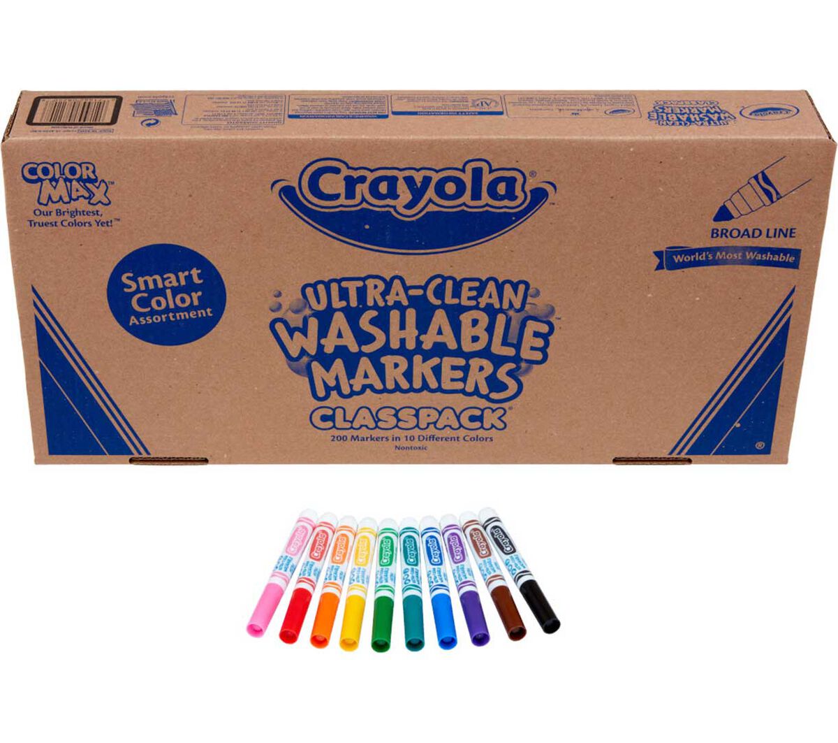 Washable broad line markers classpack 200 count 10 colors. Front of packaging with one of each colored marker.