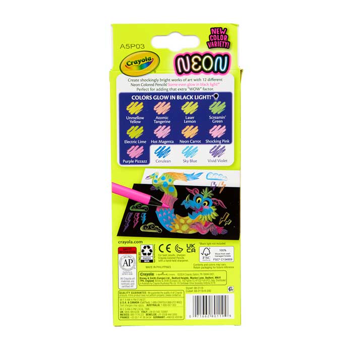 Neon Colored Pencils  12 count back view.