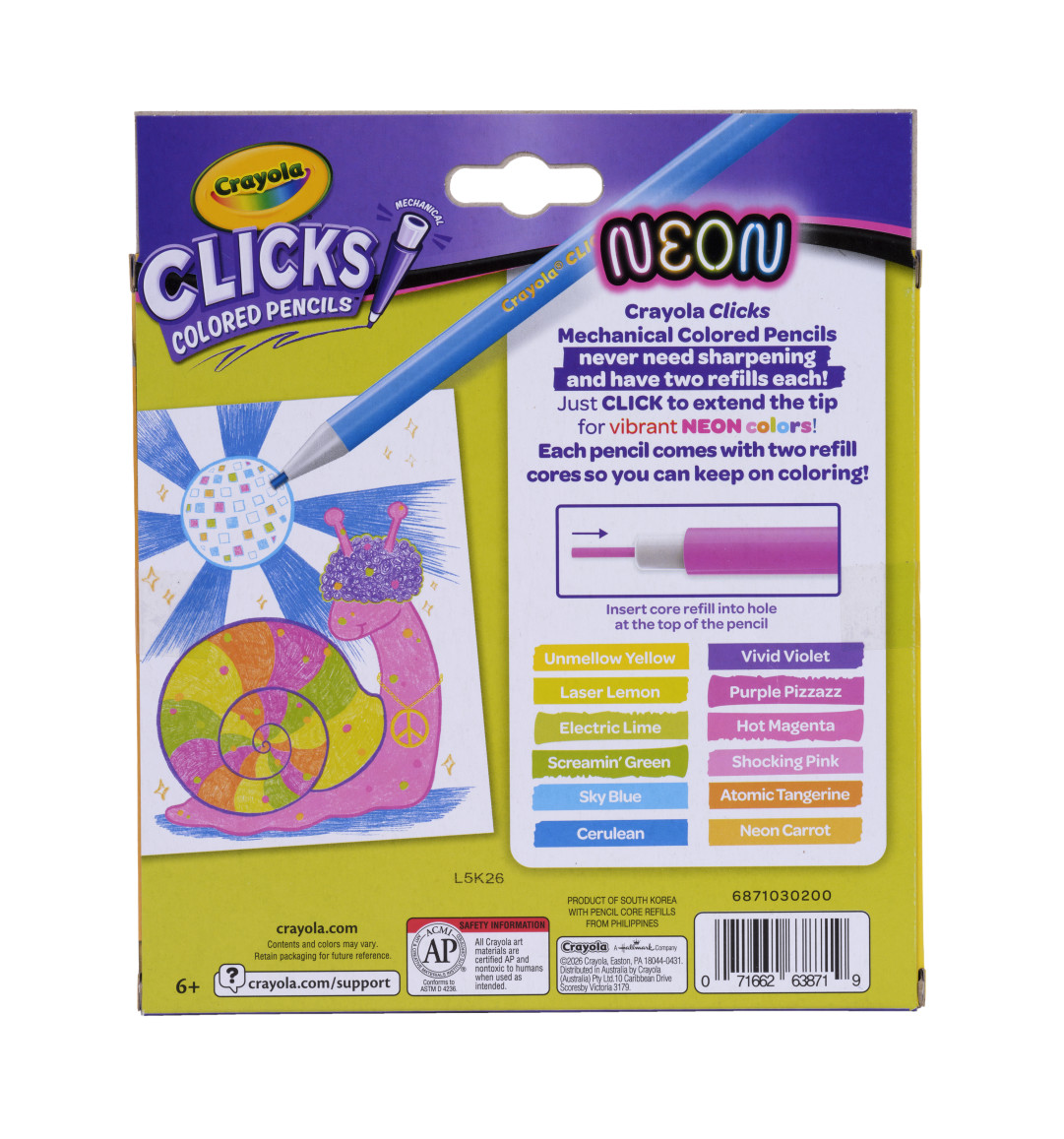 Crayola Clicks Colored Pencil Set, 12 Neon Colors back view.