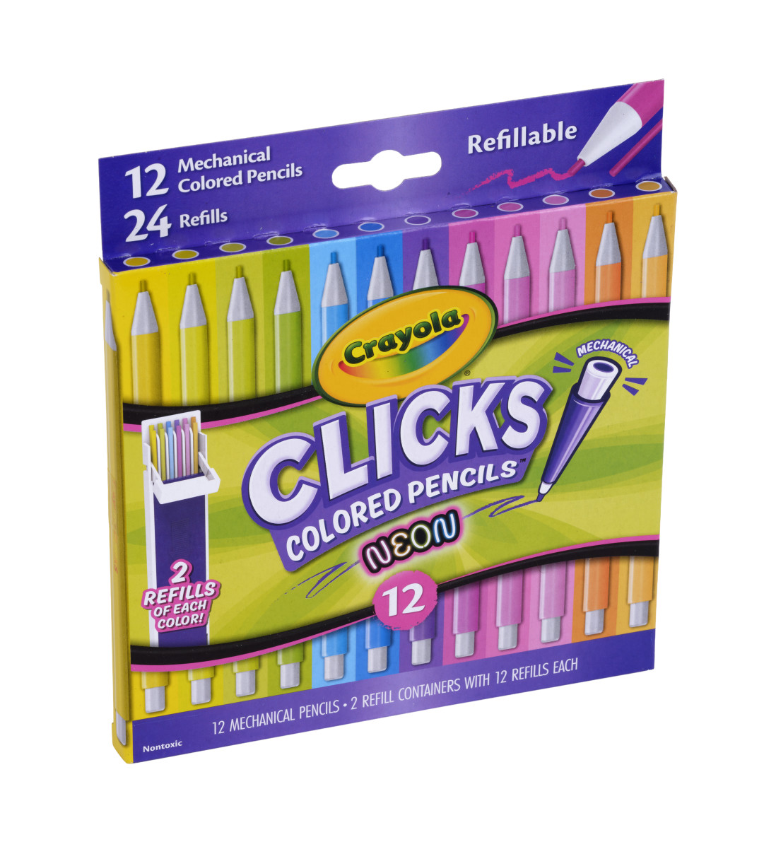 Crayola Clicks Colored Pencil Set, 12 Neon Colors side view.