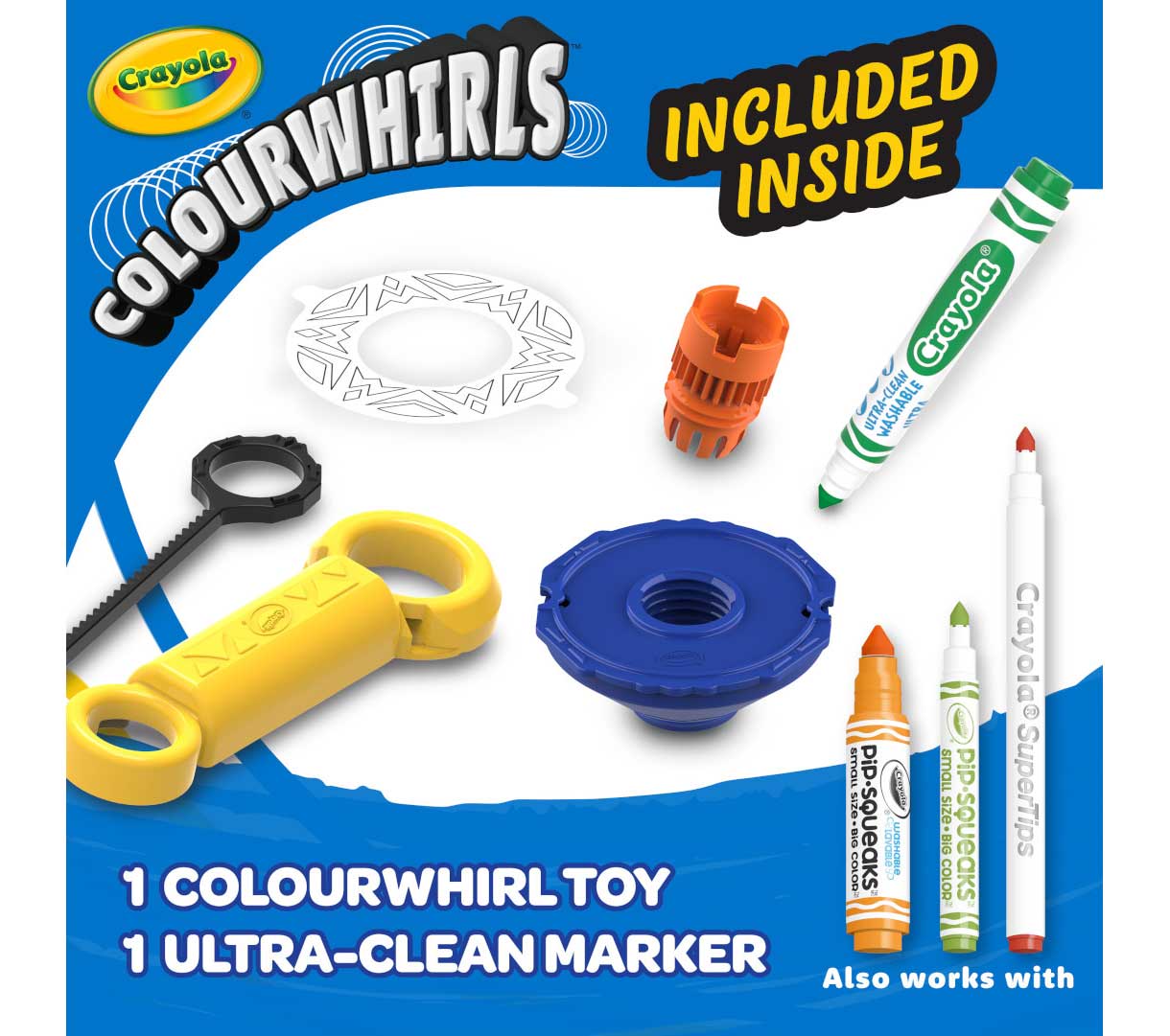 crayola colourwhirls 1 count  includes 1 colourwhirl toy and 1 ultra-clean marker. also works with pip-squeak and super tip markers.