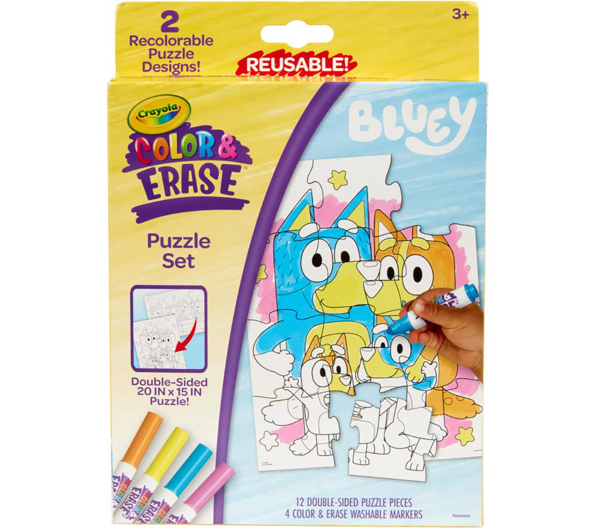 Bluey Color & erase reusable puzzle set with markers. front view.