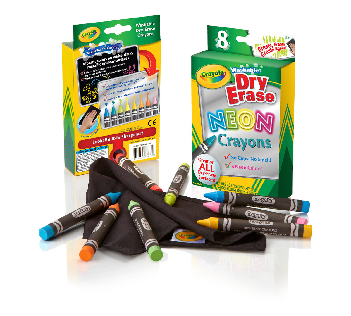 Neon Dry Erase Crayons  8 Count Front and Back Views of Box with Crayons Out of Package