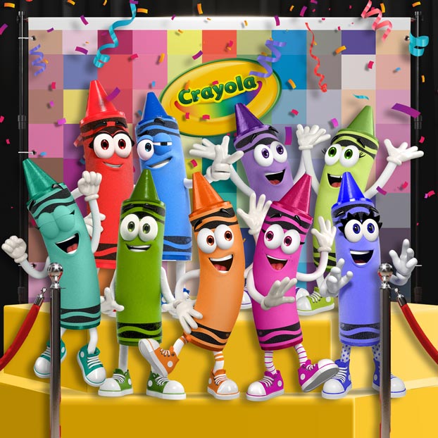 Variety of Crayola Crayon Characters gathered on a dais with confetti streaming all around them