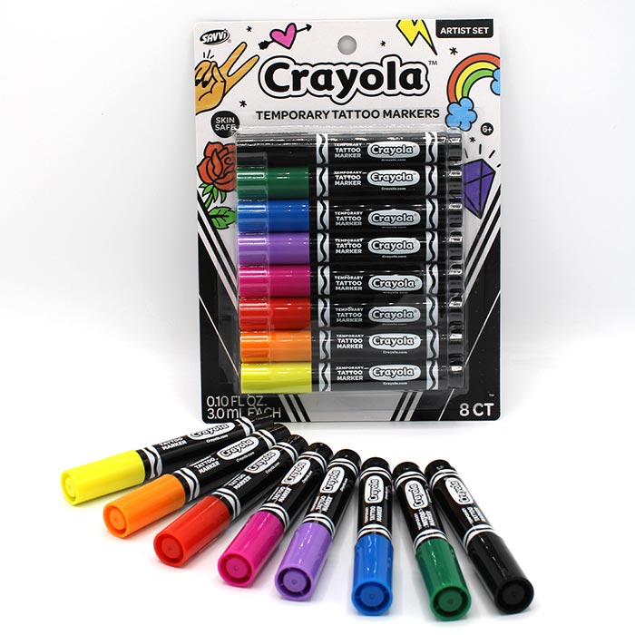 Crayola Temporary Tattoo Markers, 8 Count packaging and contents.