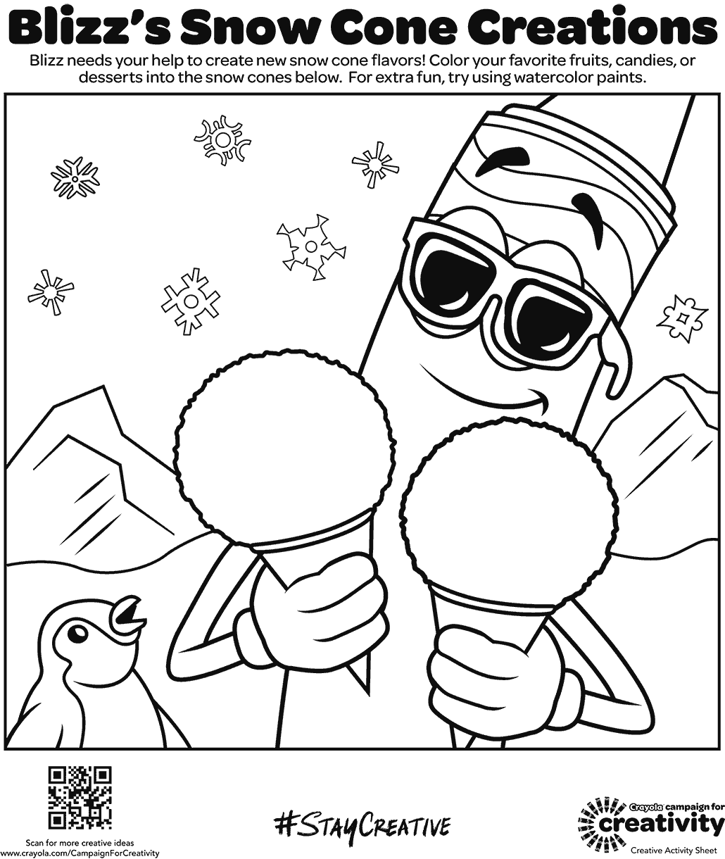 Blizz needs your help to create new sno cone flavors! Color your favorite fruits, candies, or desserts into the sno cones. For extra fun try using watercolor paints.
