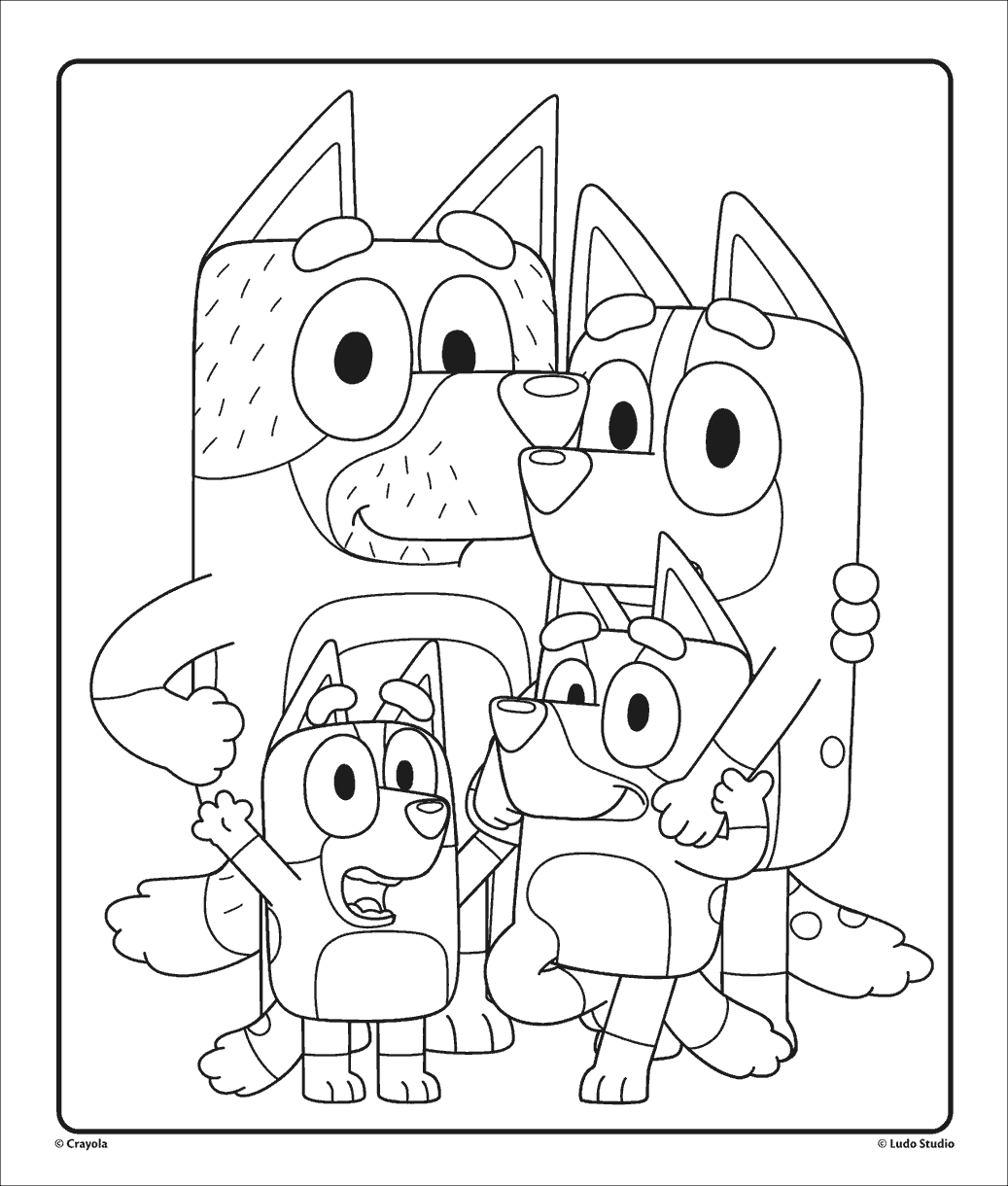 bluey family character coloring page with bandit, bingo, and mum
