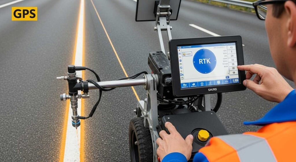 Advanced GPS line marking equipment with satellite receiver displaying real-time positioning data for precision road marking applications