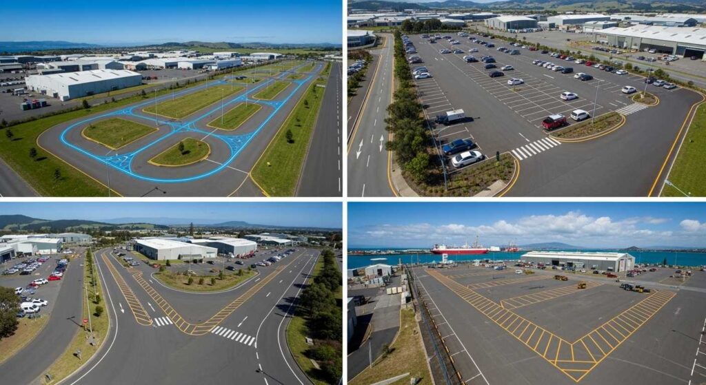 Aerial view montage of line marking projects across Auckland, Hamilton and Tauranga showing diverse applications in New Zealand facilities