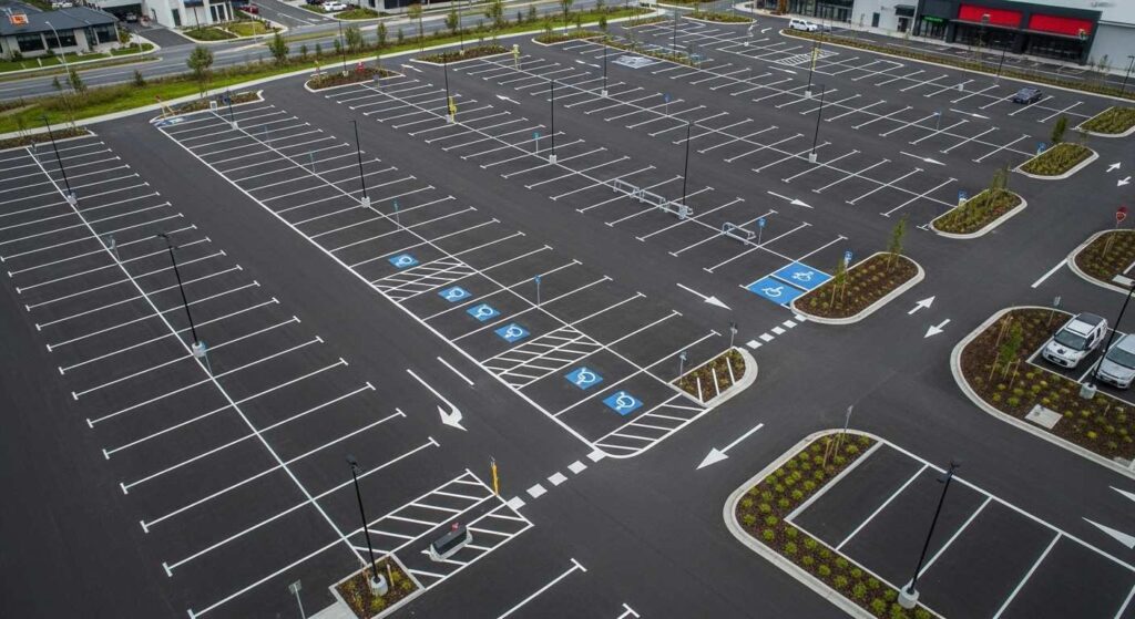 Aerial view of modern New Zealand car park with crisp white thermoplastic parking bay markings, disabled parking spaces, and directional arrows, professional commercial setting