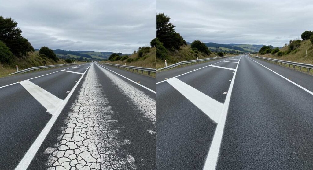 Before and after comparison showing transformation from faded paint to bright thermoplastic road markings