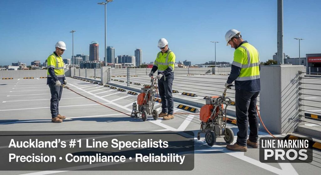 Best line marking company Auckland - Line Marking Pros team applying precise car park markings with professional equipment