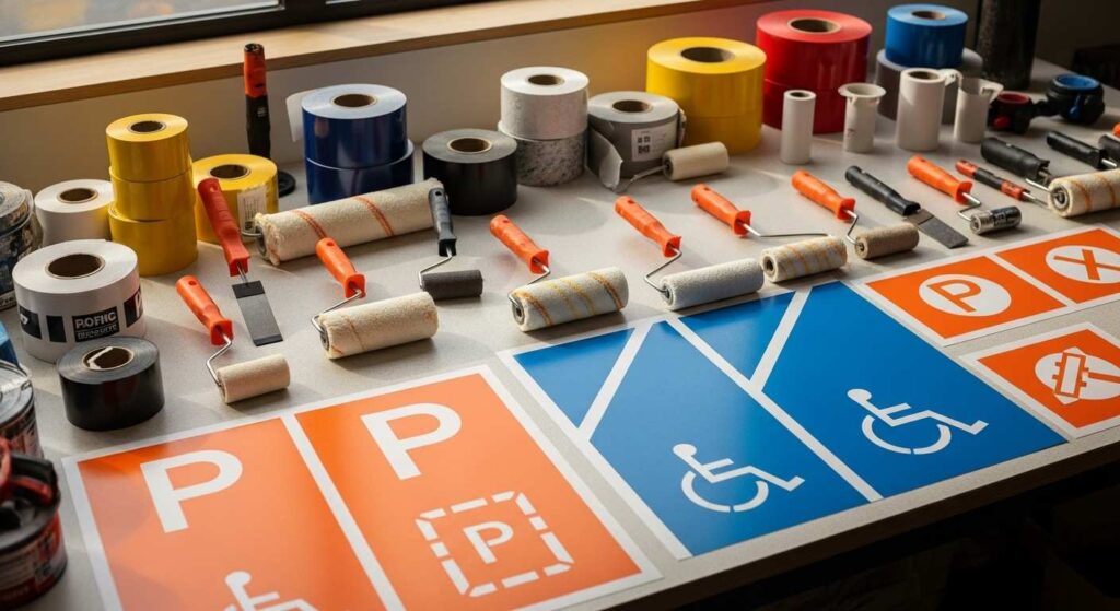 Car park marking tools, including paint rollers, stencils, and marking tape for precise applications in New Zealand.