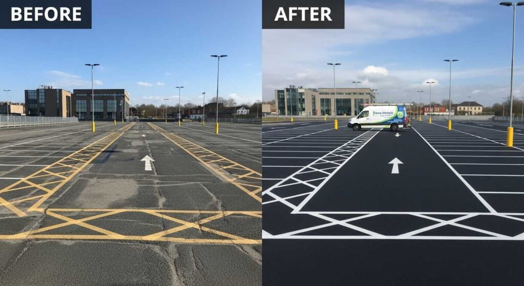 Car park transformation showing maximized line marking investment value from worn markings to professional compliance-ready facility
