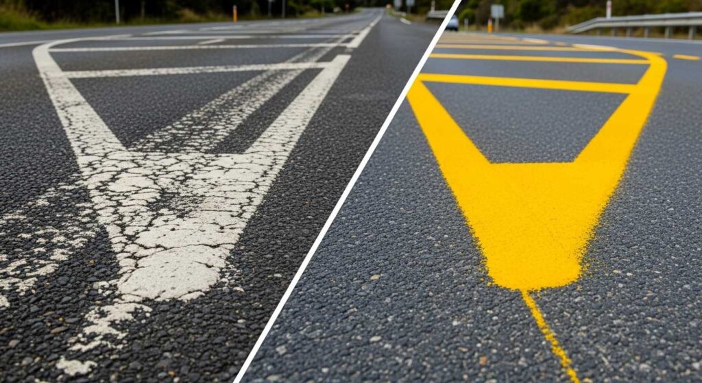 Comparison between faded paint road markings and durable thermoplastic line markings showing superior longevity