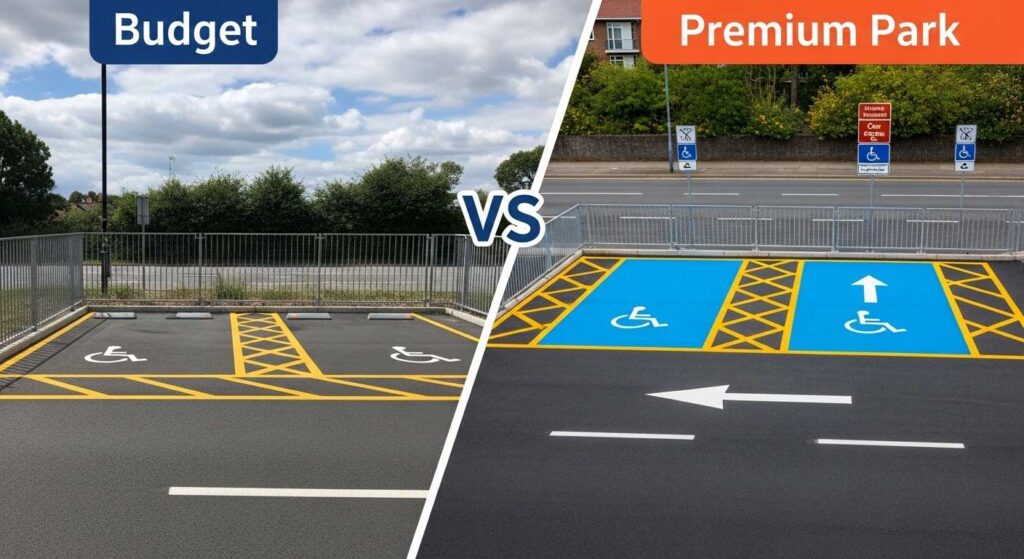 Comparison of car park line marking cost ranges showing budget versus premium marking solutions in New Zealand