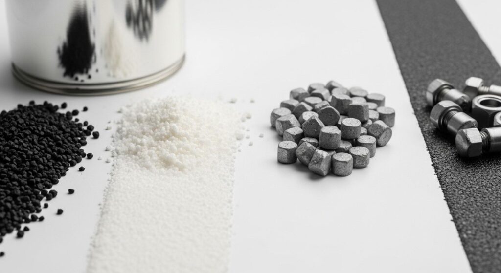 Comparison of line marking materials including paint, thermoplastic granules and MMA components showing different textures and applications