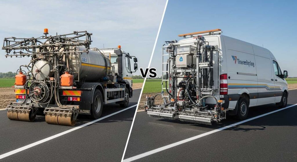 Comparison of traditional road painting truck and modern line marking equipment showing different application methods and technology