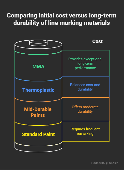 Cost analysis infographic comparing initial investment and lifecycle value of different line marking materials over five-year timeline