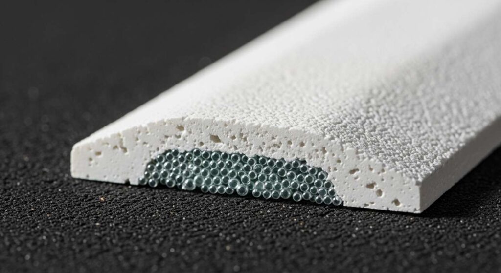 Cross-section of thermoplastic line marking showing glass beads and material composition on road surface