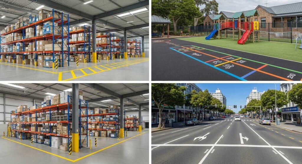 Different line marking applications showing industrial, educational and road compliance with NZ standards across various environments