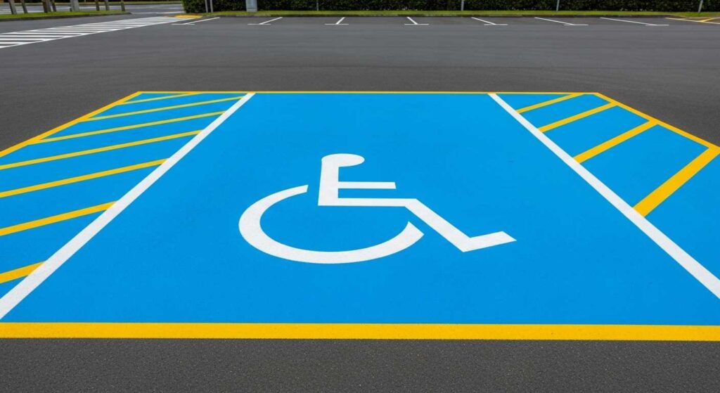 Disabled parking space marked in compliance with New Zealand regulations, featuring a blue background and white wheelchair icon