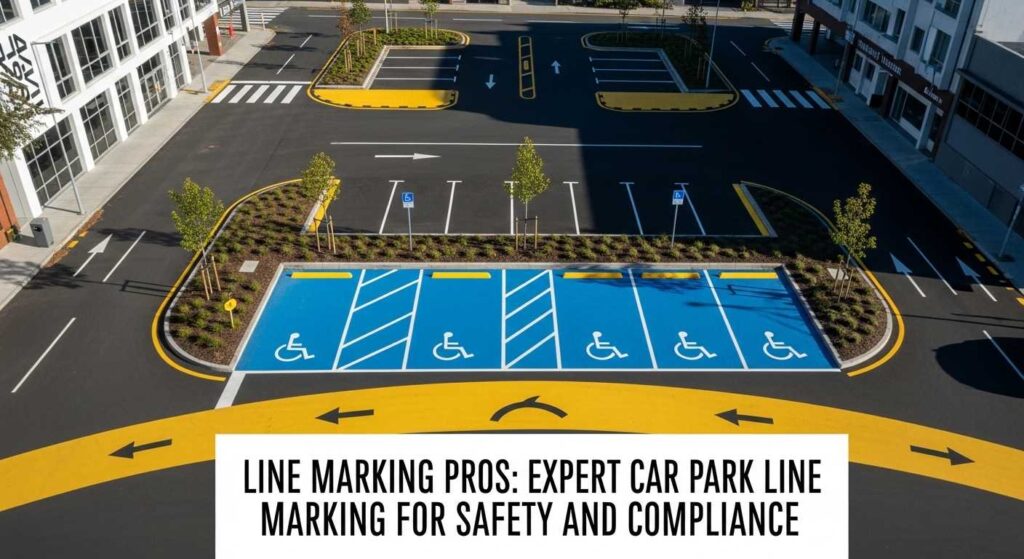 Freshly marked New Zealand car park with clear lines and compliance-friendly disabled parking spaces