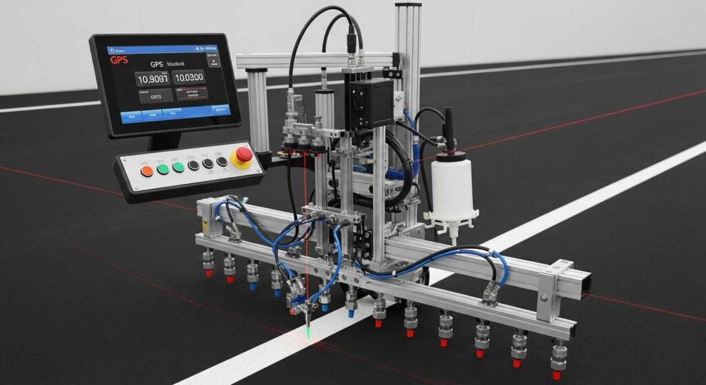 Fully automatic GPS-guided line marking machine with laser guidance system and computer controls for precision applications
