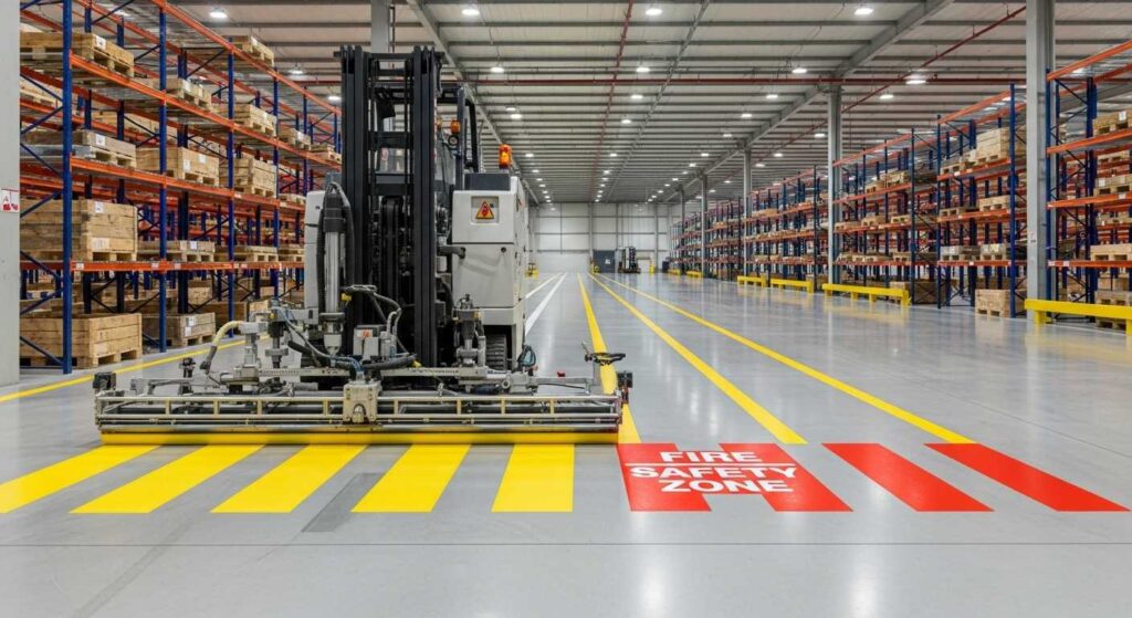 Heavy-duty industrial line marking machine applying yellow safety walkways and traffic lanes in modern warehouse facility