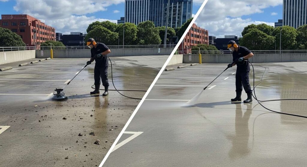 High-pressure surface cleaning removing contaminants before line marking application in Auckland car park