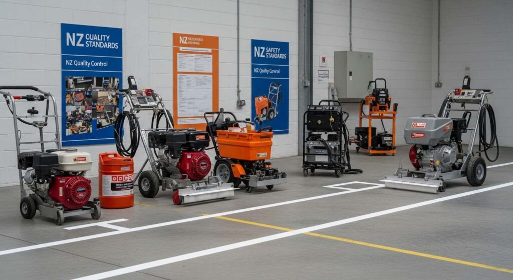 Line marking equipment and NZS 4121 compliance documentation ensuring professional surface preparation standards