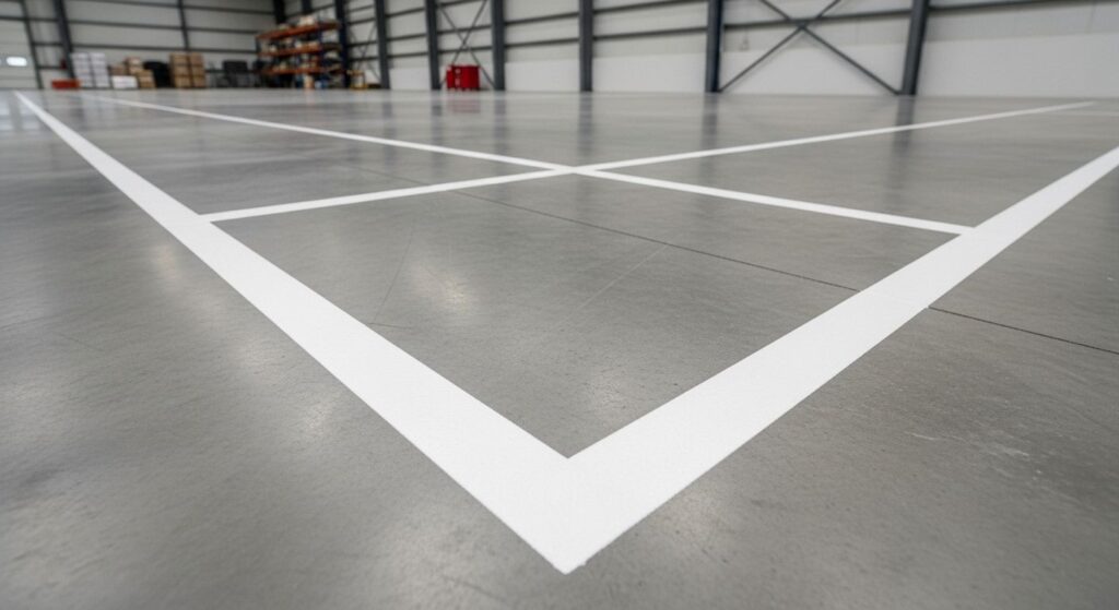 Long-lasting line markings applied to professionally prepared concrete surface in New Zealand warehouse facility