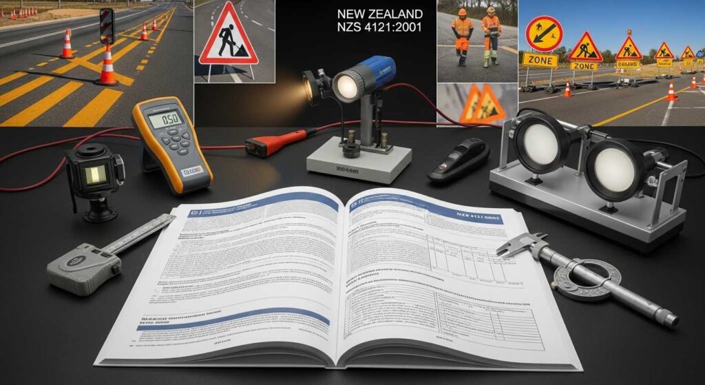 New Zealand line marking compliance standards NZS 4121:2001 documentation with professional measuring and testing equipment for safety requirements