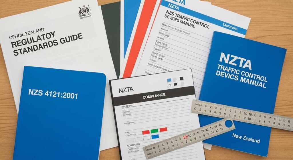 New Zealand line marking regulatory documents NZS 4121:2001 and NZTA standards for compliance guidance