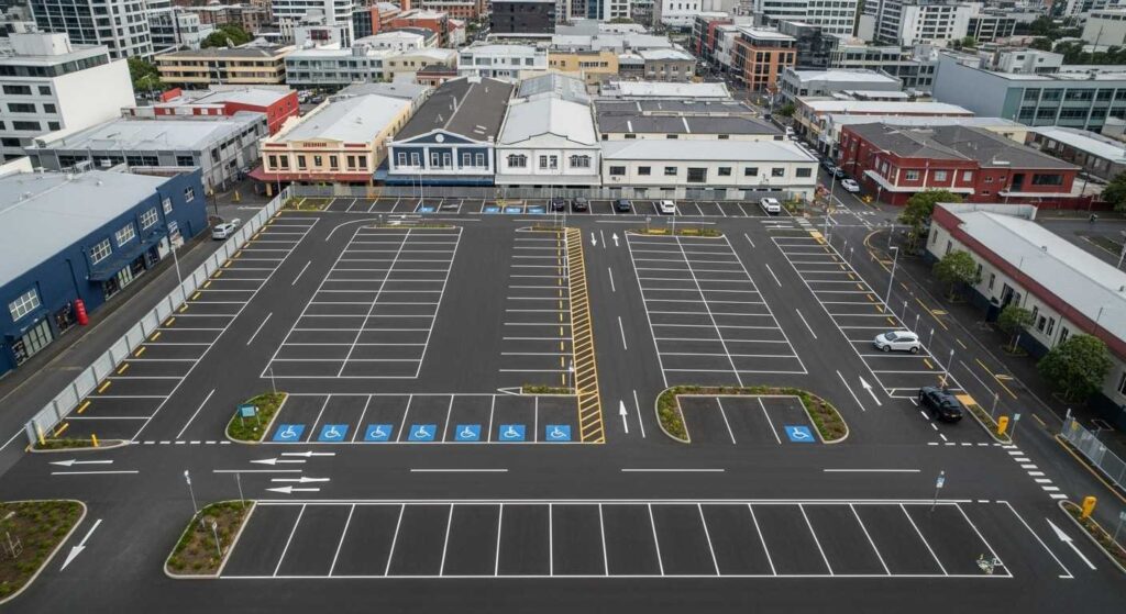 Professional car park line marking Auckland showing precise parking bay lines and safety markings by Line Marking Pros