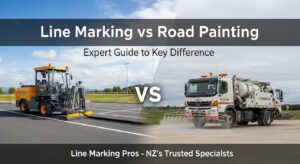 Professional comparison of line marking equipment and road painting trucks showing key differences in application methods for New Zealand facilities