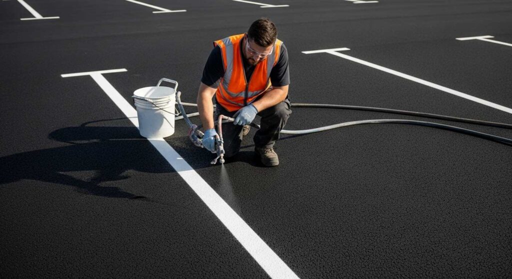 Professional contractor applying water-based line marking paint to create parking bay markings in New Zealand car park