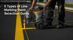 Professional line marking contractor applying yellow paint on asphalt showing different paint types for New Zealand projects