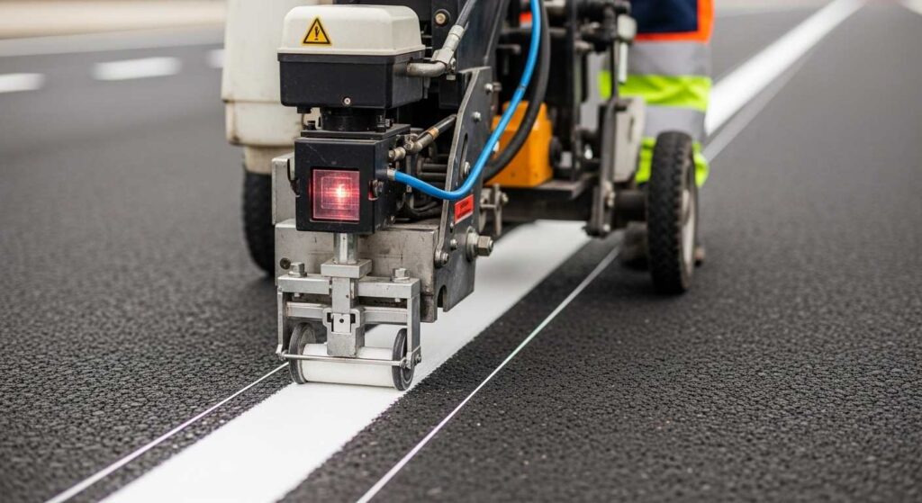 Professional line marking equipment applying precise car park markings affecting overall project cost and quality