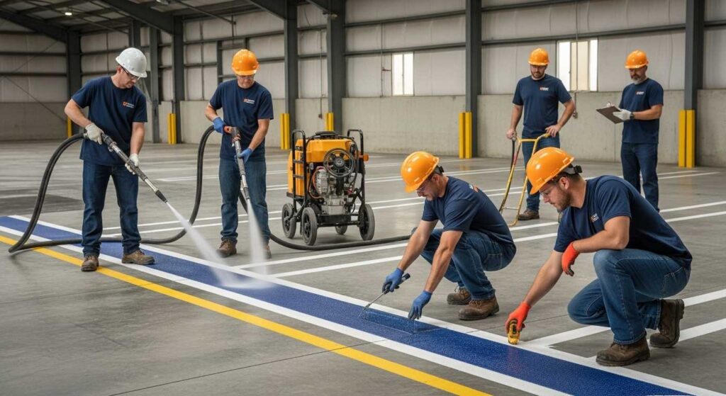 Professional line marking implementation best practices showing surface preparation, precision application and quality control processes