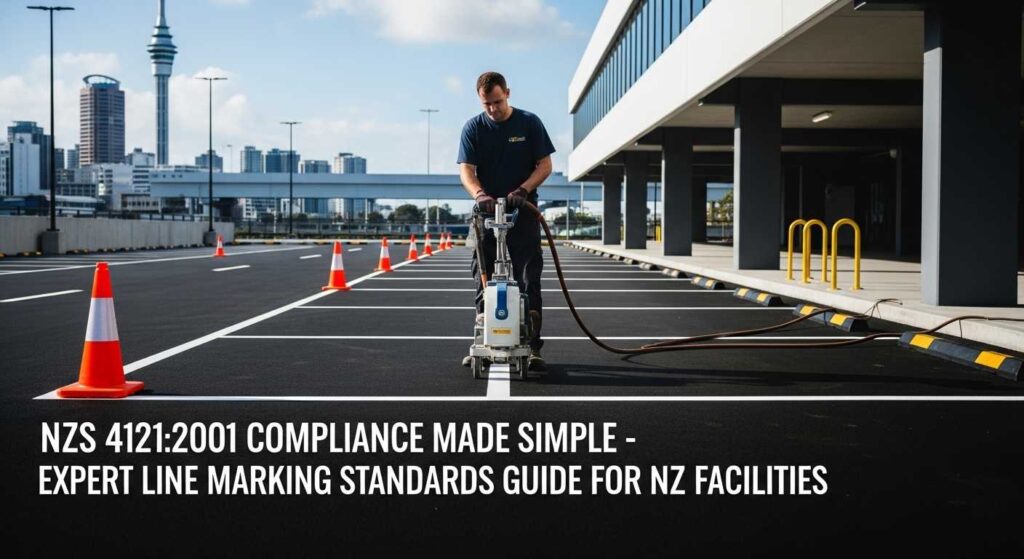 Professional line marking technician applying NZS 4121:2001 compliant parking bay markings in Auckland commercial facility