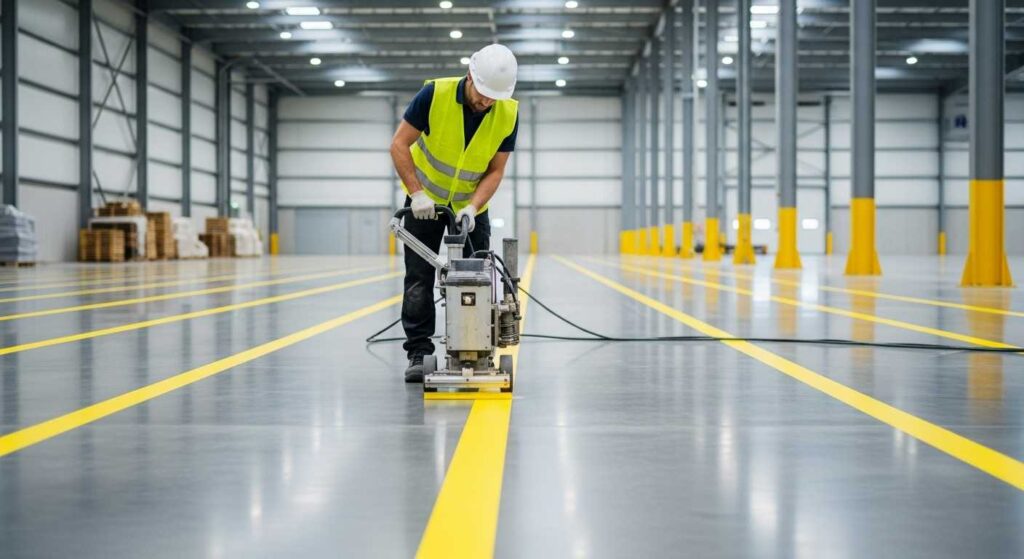 Professional line marking technician using laser-guided equipment to apply precise warehouse safety markings in New Zealand facility