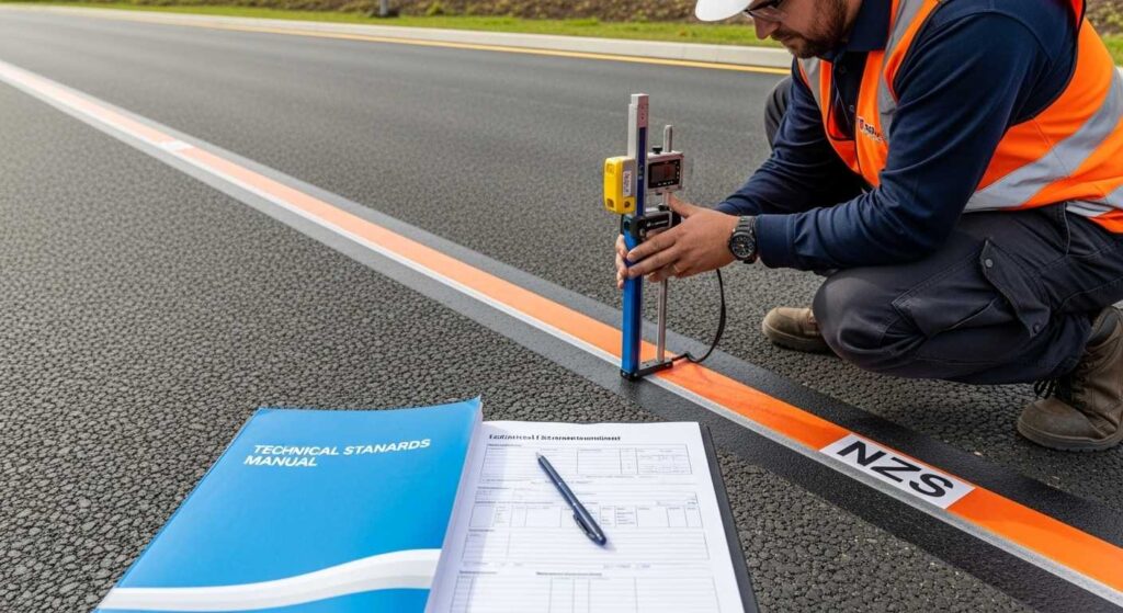 Professional quality assurance measuring thermoplastic line markings for New Zealand compliance standards